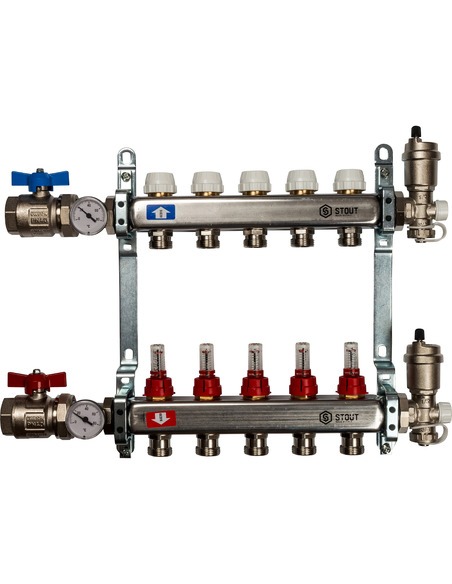 Коллектор STOUT из нержавеющей стали в сборе с расходомерами 5 вых.