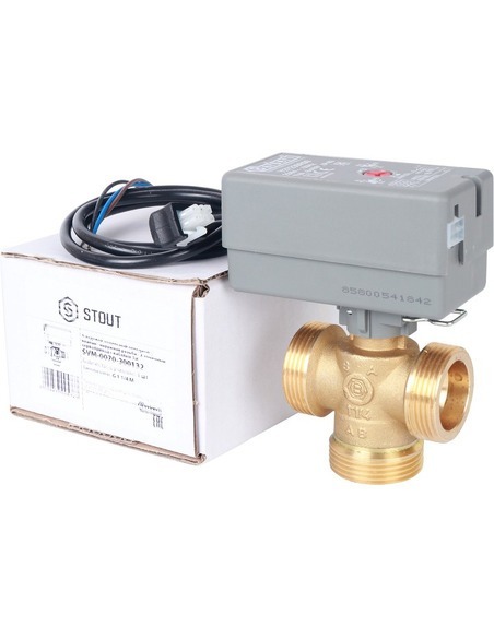 Клапан трехходовой зональный STOUT 1 1/4" НР с сервоприводом 230V, Kvs 8 (компактный)