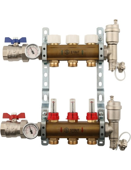 Коллектор STOUT из латуни в сборе с расходомерами 3 вых.
