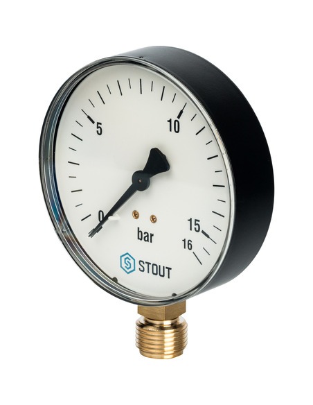 Манометр STOUT 100 мм, 1/2", 0-16 бар, радиальный