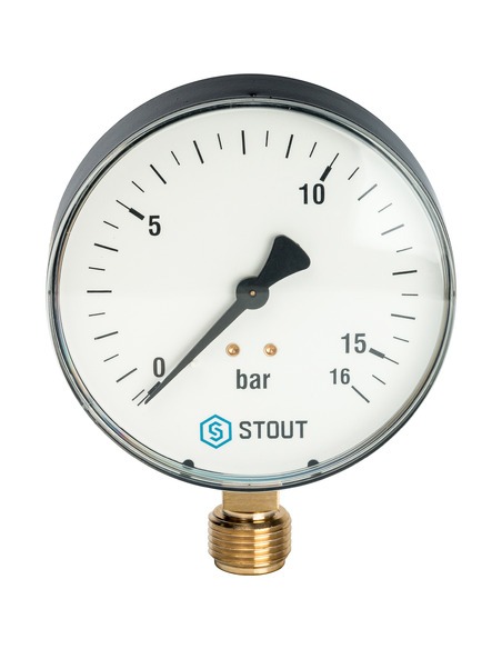 Манометр STOUT 100 мм, 1/2", 0-16 бар, радиальный