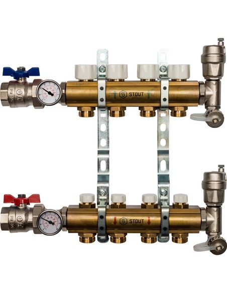 Коллектор STOUT из латуни в сборе без расходомеров 4 вых.