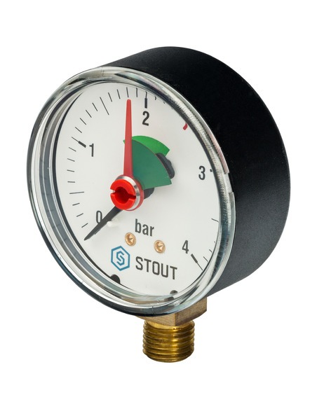 Манометр STOUT 63 мм, 1/4", 0-4 бар, радиальный с указателем предела Манометр STOUT 63 мм, 1/4", 0-4 бар, радиальный с указателем предела