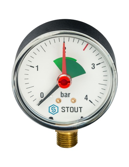 Манометр STOUT 63 мм, 1/4", 0-4 бар, радиальный с указателем предела Манометр STOUT 63 мм, 1/4", 0-4 бар, радиальный с указателем предела