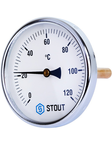 Термометр биметаллический STOUT 100 мм, 0-120ºС погружной, гильза 100 мм