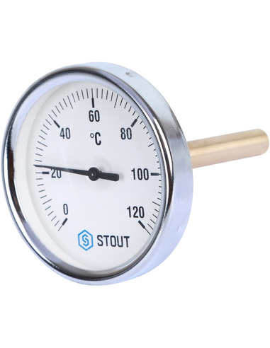 Термометр биметаллический STOUT 80 мм, 0-120ºС погружной, гильза 100 мм