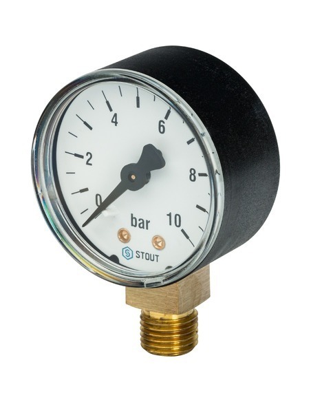 Манометр STOUT 50 мм, 1/4", 0-10 бар, радиальный Манометр STOUT 50 мм, 1/4", 0-10 бар, радиальный