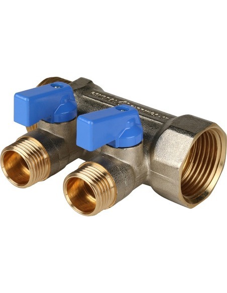 Коллектор с шаровыми кранами STOUT 1", 2 вых. 1/2" (синие ручки)