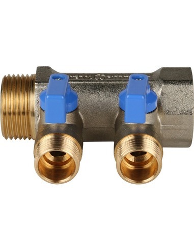 Коллектор с шаровыми кранами STOUT 1", 2 вых. 1/2" (синие ручки)