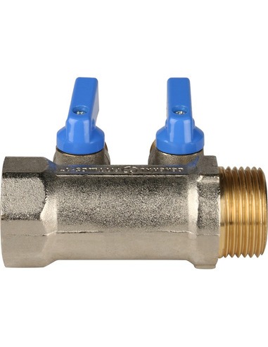 Коллектор с шаровыми кранами STOUT 1", 2 вых. 1/2" (синие ручки)