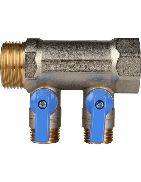 Коллектор с шаровыми кранами STOUT 1", 2 вых. 1/2" (синие ручки)