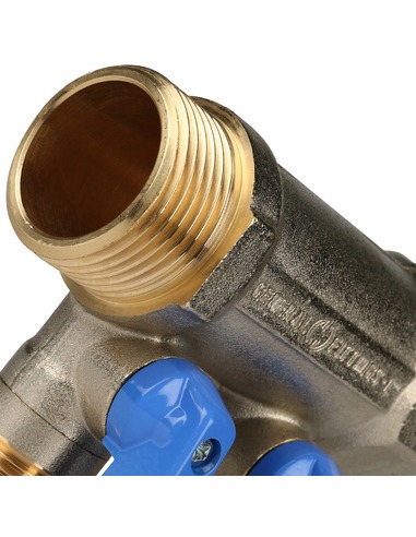 Коллектор с шаровыми кранами STOUT 1", 2 вых. 1/2" (синие ручки)