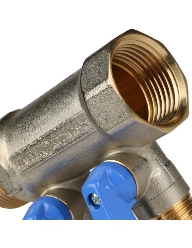 Коллектор с шаровыми кранами STOUT 1", 2 вых. 1/2" (синие ручки)