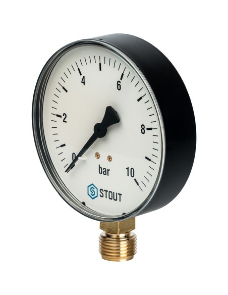 Манометр STOUT 100 мм, 1/2", 0-10 бар, радиальный