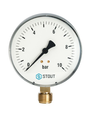 Манометр STOUT 100 мм, 1/2", 0-10 бар, радиальный