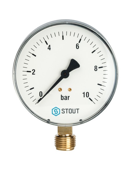 Манометр STOUT 100 мм, 1/2", 0-10 бар, радиальный