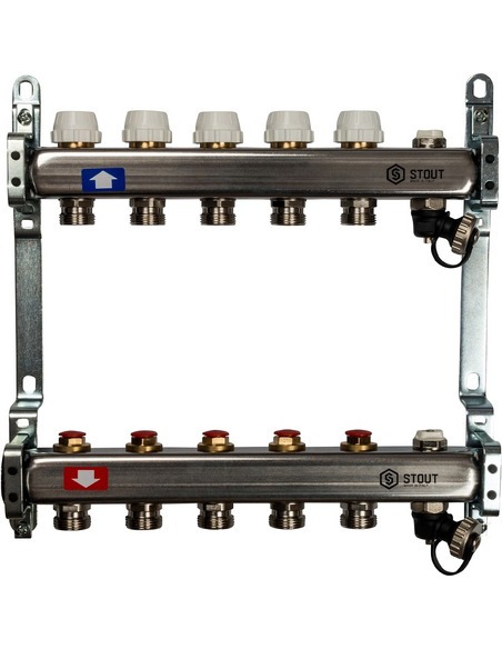 Коллектор STOUT из нержавеющей стали без расходомеров 5 вых. с воздухоотводчиком и сливом