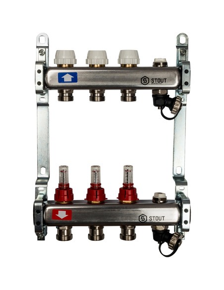 Коллектор STOUT из нержавеющей стали с расходомерами 3 вых. с воздухоотводчиком и сливом