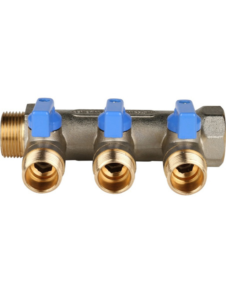 Коллектор с шаровыми кранами STOUT 3/4", 3 вых. 1/2" (синие ручки)