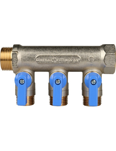 Коллектор с шаровыми кранами STOUT 3/4", 3 вых. 1/2" (синие ручки)