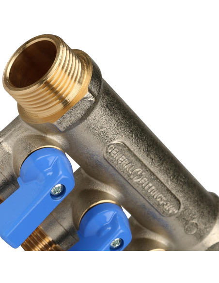 Коллектор с шаровыми кранами STOUT 3/4", 3 вых. 1/2" (синие ручки)