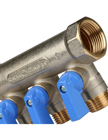 Коллектор с шаровыми кранами STOUT 3/4", 3 вых. 1/2" (синие ручки)