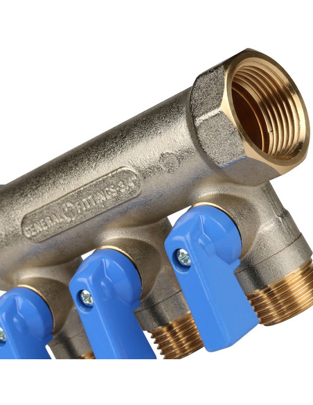 Коллектор с шаровыми кранами STOUT 3/4", 3 вых. 1/2" (синие ручки)