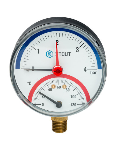 Термоманометр STOUT 80 мм, 0-120ºС, 0-4 бар радиальный