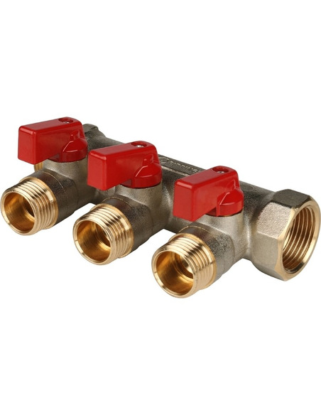 Коллектор с шаровыми кранами STOUT 3/4", 3 вых. 1/2" (красные ручки)