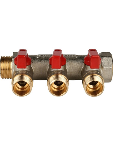 Коллектор с шаровыми кранами STOUT 3/4", 3 вых. 1/2" (красные ручки)