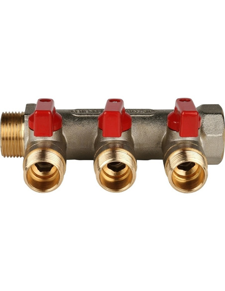 Коллектор с шаровыми кранами STOUT 3/4", 3 вых. 1/2" (красные ручки)