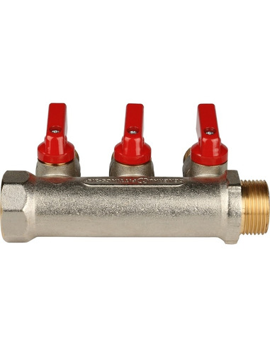 Коллектор с шаровыми кранами STOUT 3/4", 3 вых. 1/2" (красные ручки)