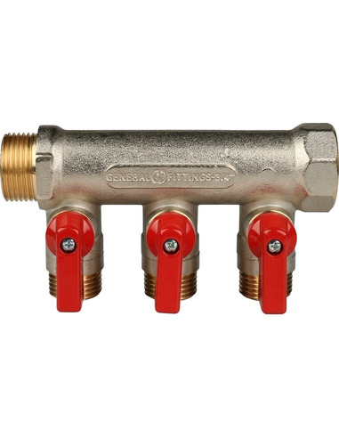 Коллектор с шаровыми кранами STOUT 3/4", 3 вых. 1/2" (красные ручки)