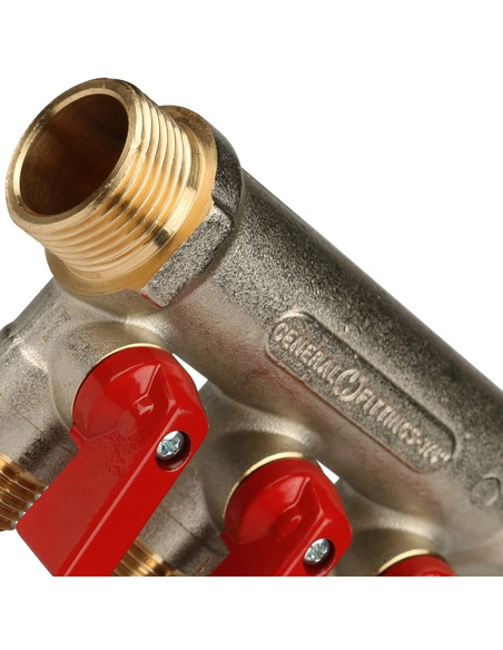 Коллектор с шаровыми кранами STOUT 3/4", 3 вых. 1/2" (красные ручки)