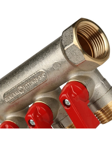 Коллектор с шаровыми кранами STOUT 3/4", 3 вых. 1/2" (красные ручки)
