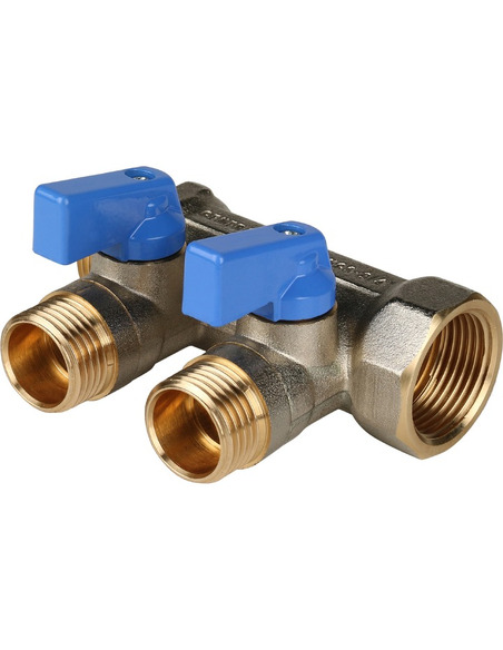 Коллектор с шаровыми кранами STOUT 3/4", 2 вых. 1/2" (синие ручки)