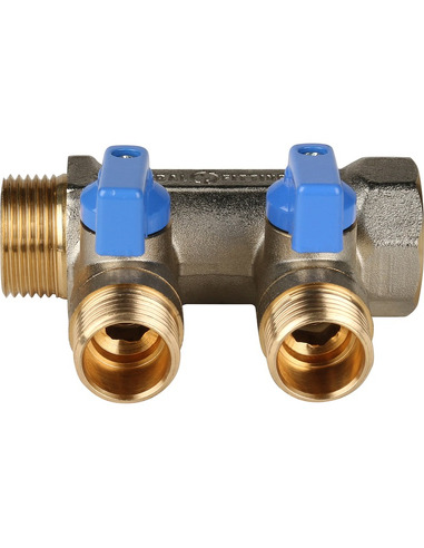 Коллектор с шаровыми кранами STOUT 3/4", 2 вых. 1/2" (синие ручки)