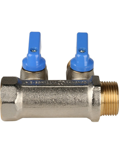 Коллектор с шаровыми кранами STOUT 3/4", 2 вых. 1/2" (синие ручки)