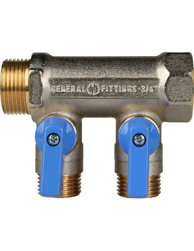 Коллектор с шаровыми кранами STOUT 3/4", 2 вых. 1/2" (синие ручки)