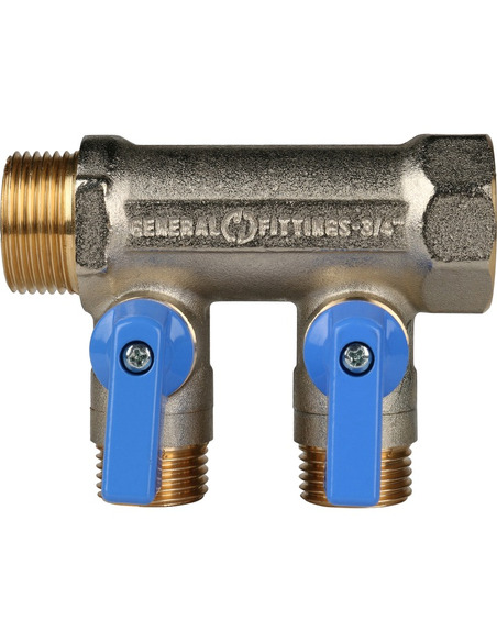 Коллектор с шаровыми кранами STOUT 3/4", 2 вых. 1/2" (синие ручки)