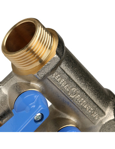 Коллектор с шаровыми кранами STOUT 3/4", 2 вых. 1/2" (синие ручки)