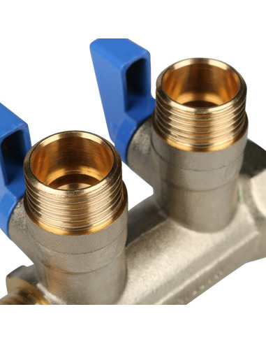 Коллектор с шаровыми кранами STOUT 3/4", 2 вых. 1/2" (синие ручки)