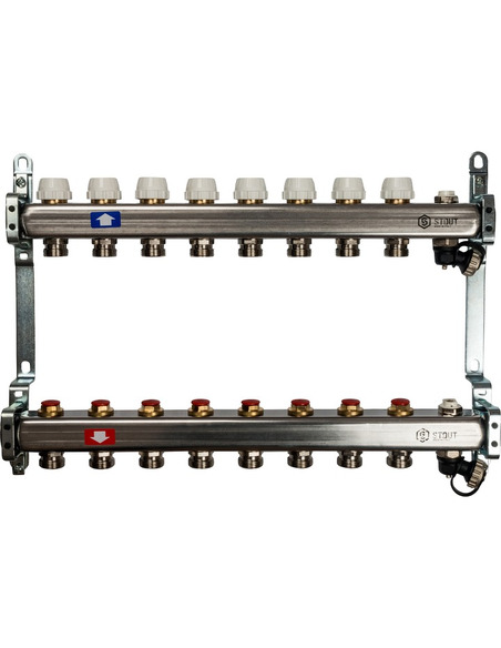 Коллектор STOUT из нержавеющей стали без расходомеров 8 вых. с воздухоотводчиком и сливом