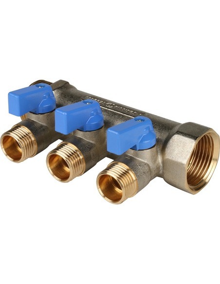 Коллектор с шаровыми кранами STOUT 1", 3 вых. 1/2" (синие ручки)