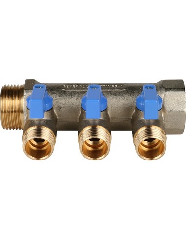 Коллектор с шаровыми кранами STOUT 1", 3 вых. 1/2" (синие ручки)