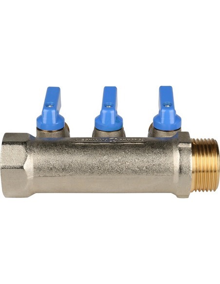 Коллектор с шаровыми кранами STOUT 1", 3 вых. 1/2" (синие ручки)