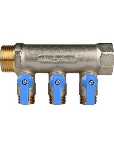 Коллектор с шаровыми кранами STOUT 1", 3 вых. 1/2" (синие ручки)