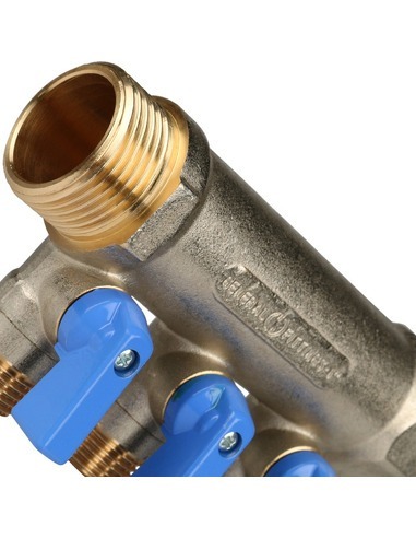 Коллектор с шаровыми кранами STOUT 1", 3 вых. 1/2" (синие ручки)