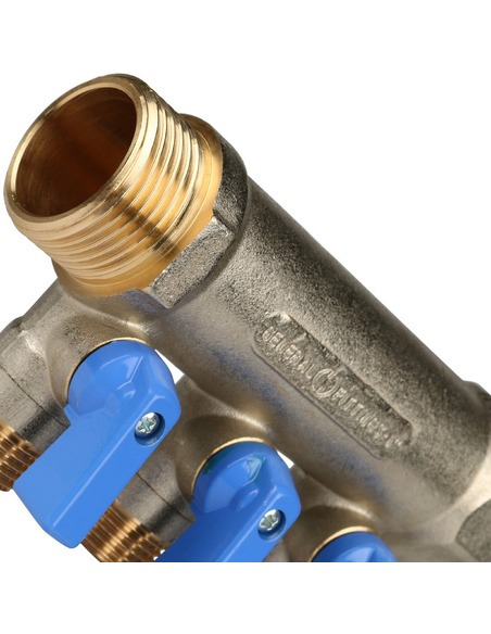 Коллектор с шаровыми кранами STOUT 1", 3 вых. 1/2" (синие ручки)