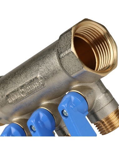 Коллектор с шаровыми кранами STOUT 1", 3 вых. 1/2" (синие ручки)